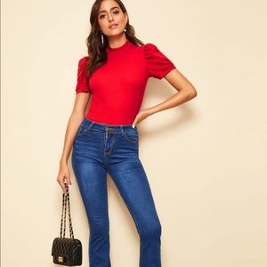 Mock-Neck puff sleeve Rib-knit Tee **NEW**